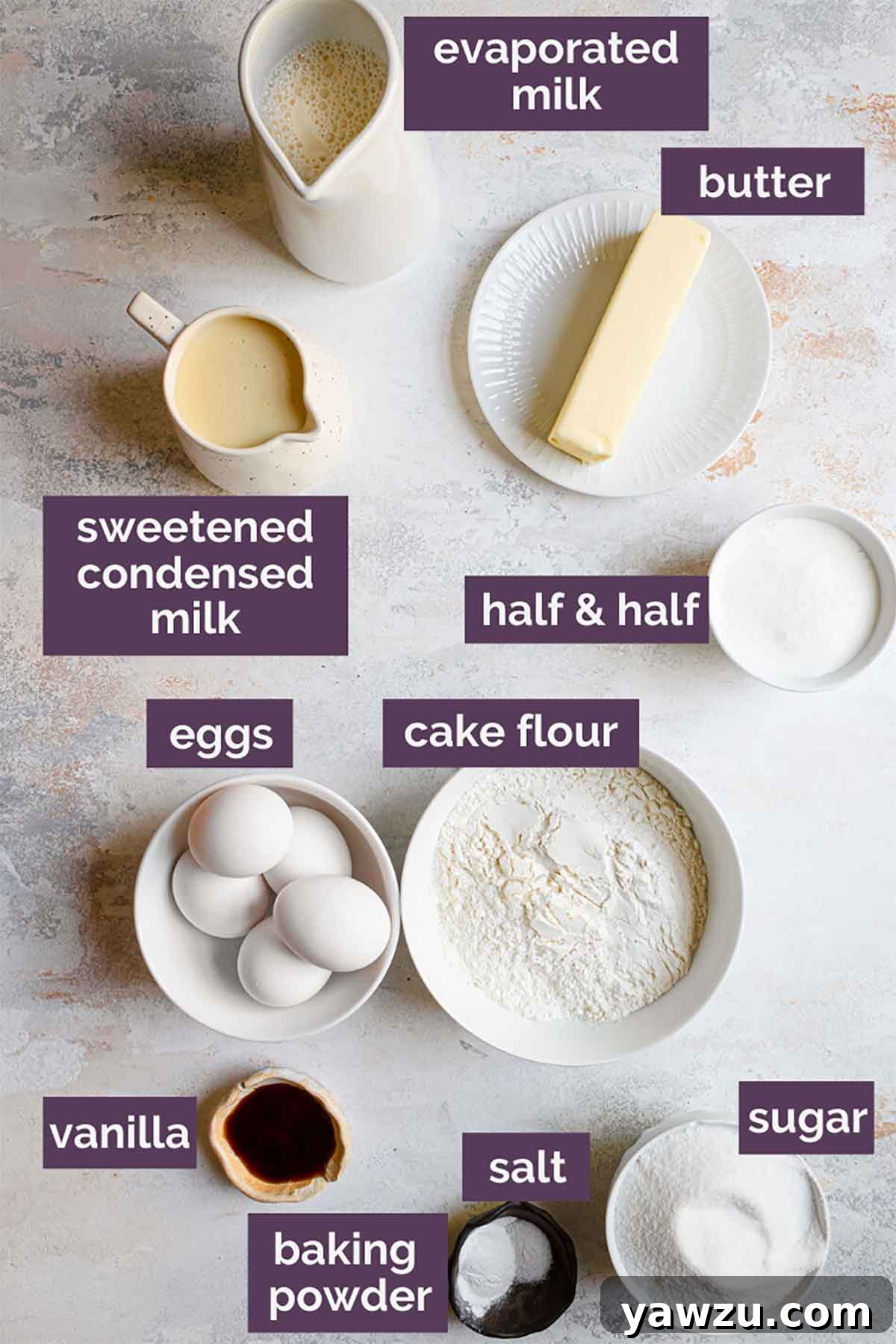 Ingredients for tres leches cake prepped and labeled.