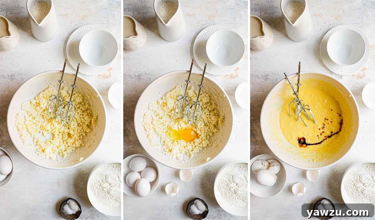 Three step-by-step photos of making the cake batter for tres leches cake.