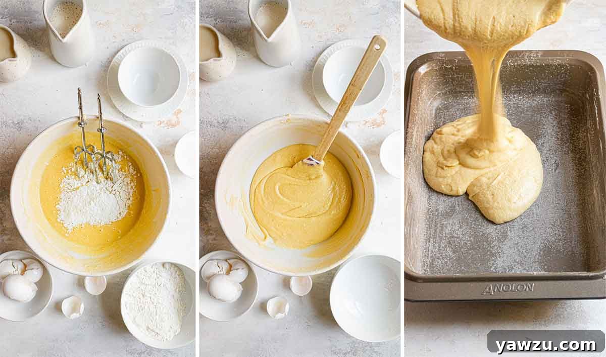 Final mixing of tres leches cake batter, than pouring the batter into prepared cake pan.