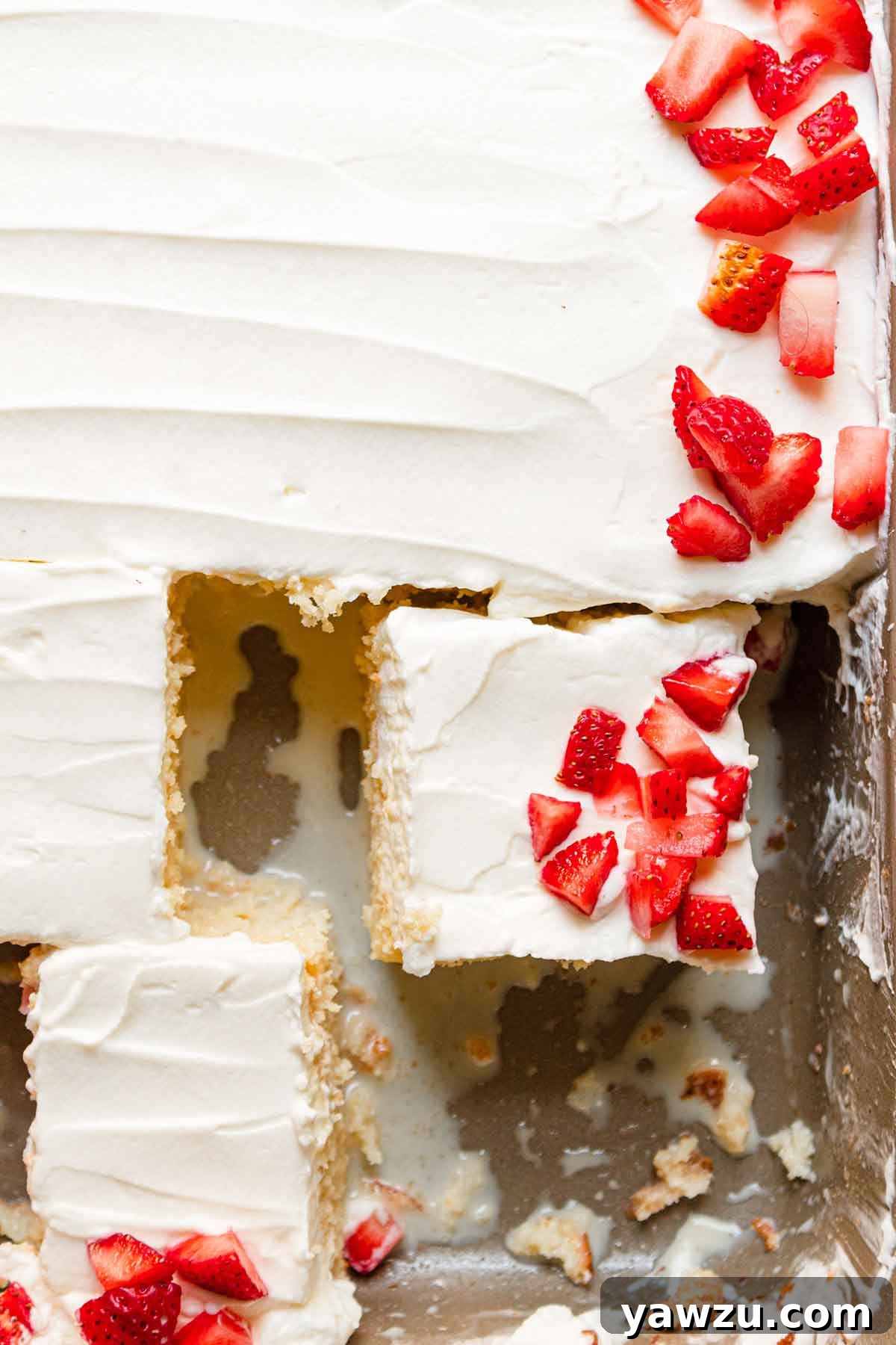 Close up overhead photo of tres leches cake in pan with two pieces cut away from the rest of the cake.