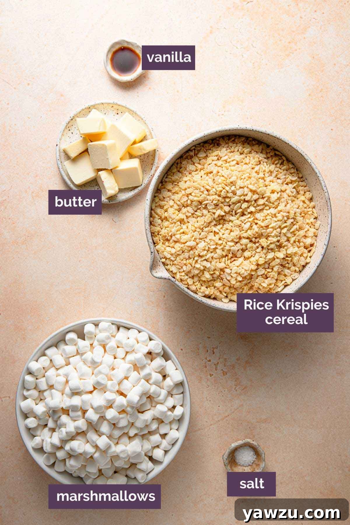 Overhead photo of perfectly prepped and labeled ingredients for homemade rice krispie treats, including butter, marshmallows, vanilla extract, and crispy rice cereal.