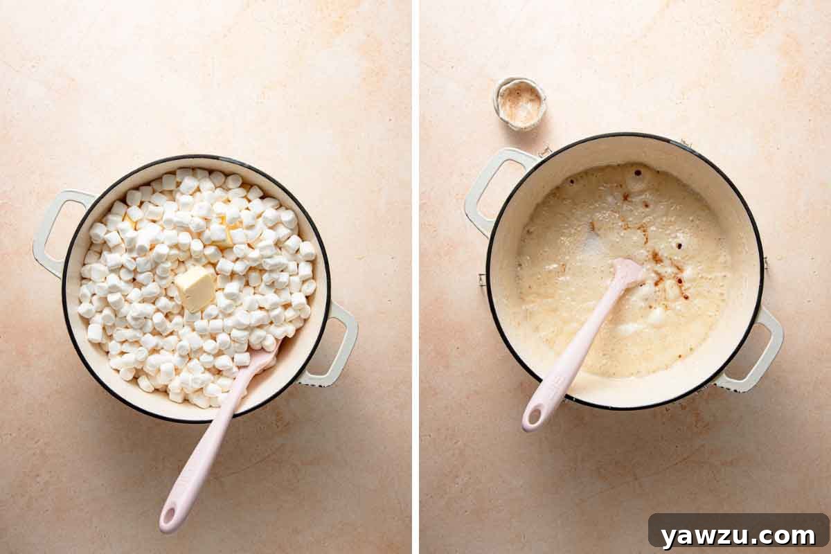Side-by-side progression photos showing butter and miniature marshmallows melting into a smooth, gooey sauce in a white Dutch oven.
