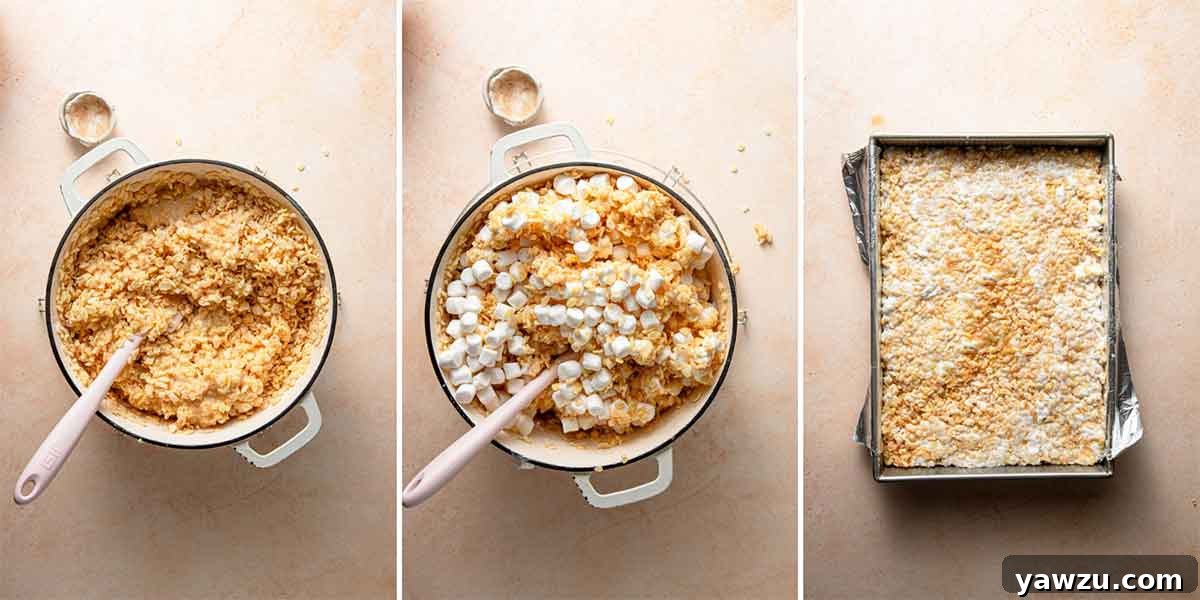 Prep photos for rice krispie treats: crispy rice cereal and extra miniature marshmallows being stirred into the melted marshmallow mixture, followed by the complete mixture being pressed into a lined baking dish.