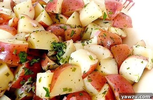 Fresh potato salad with a light balsamic vinaigrette in a rustic serving dish, garnished with fresh herbs.