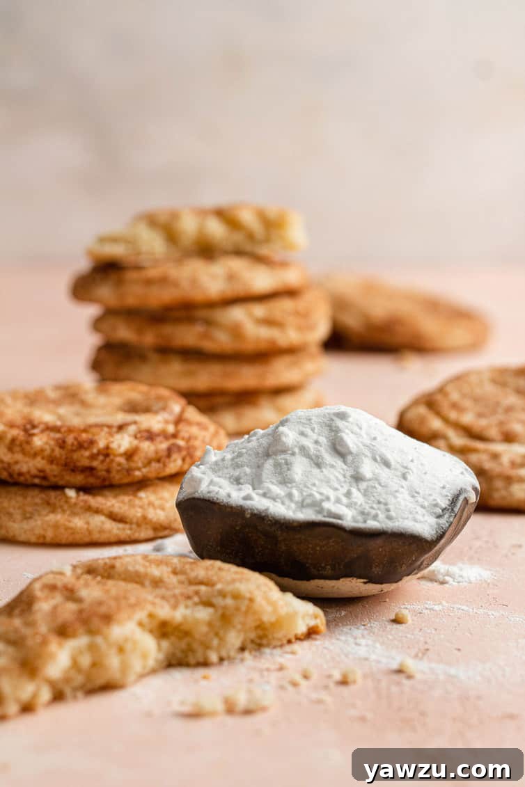 A scoop of baking soda surrounded by snickerdoodle cookies.