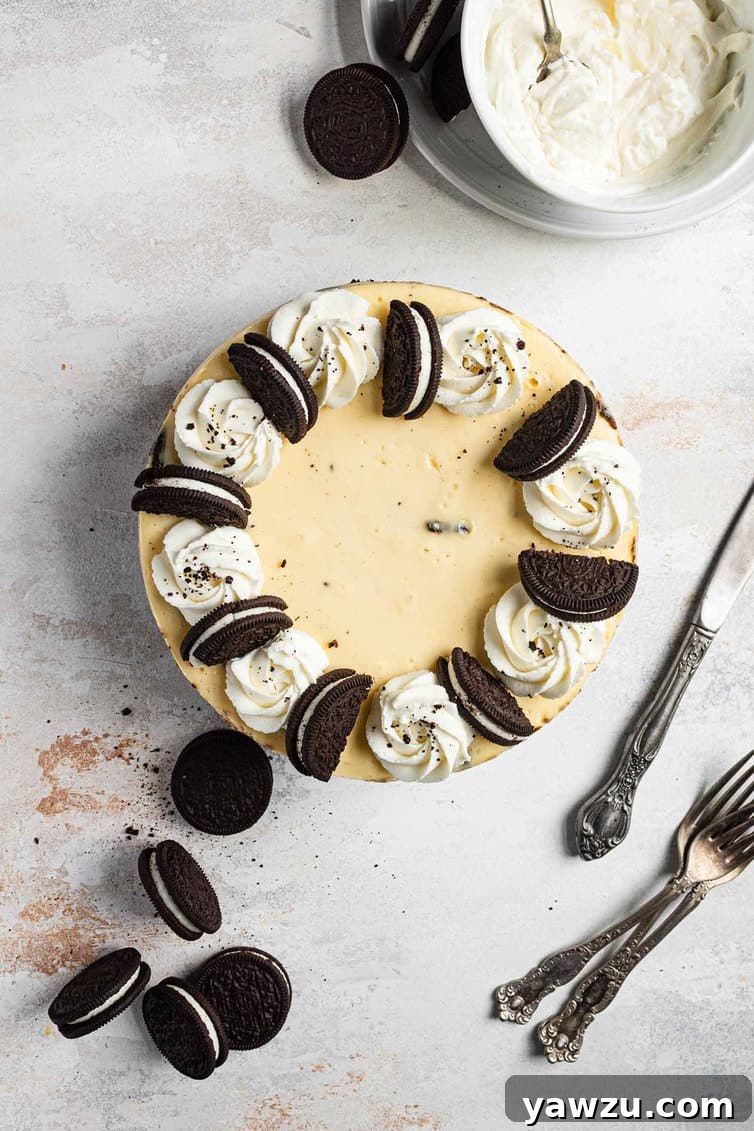 An overhead shot of a baked Oreo cheesecake presented elegantly on a serving dish, with a fork, whole Oreos, and a dollop of whipped cream on the side, highlighting its rich texture.