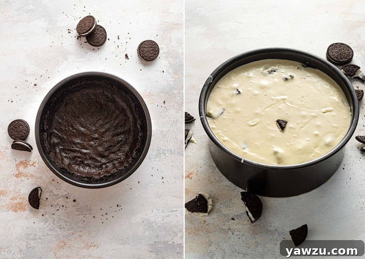 A prepared Oreo cookie crust in a springform pan, filled to the brim with smooth, creamy cheesecake batter, ready for baking.