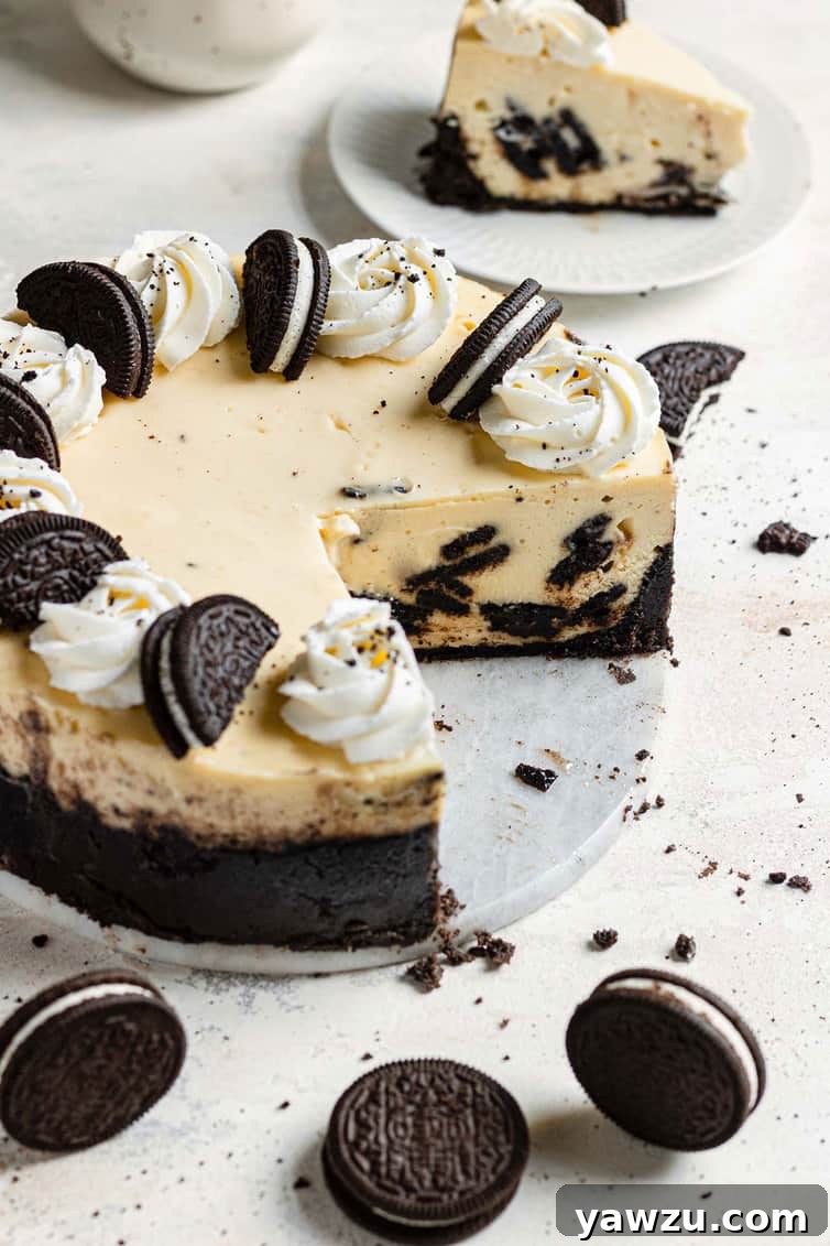 A beautiful Oreo cheesecake with a single slice perfectly removed, showcasing its dense, creamy texture and dark cookie crust.