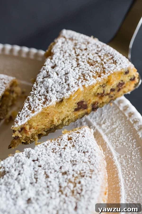 A beautifully baked Orange-Chocolate Chip Snack Cake, wonderfully moist and speckled with mini chocolate chips, on a white cake stand.