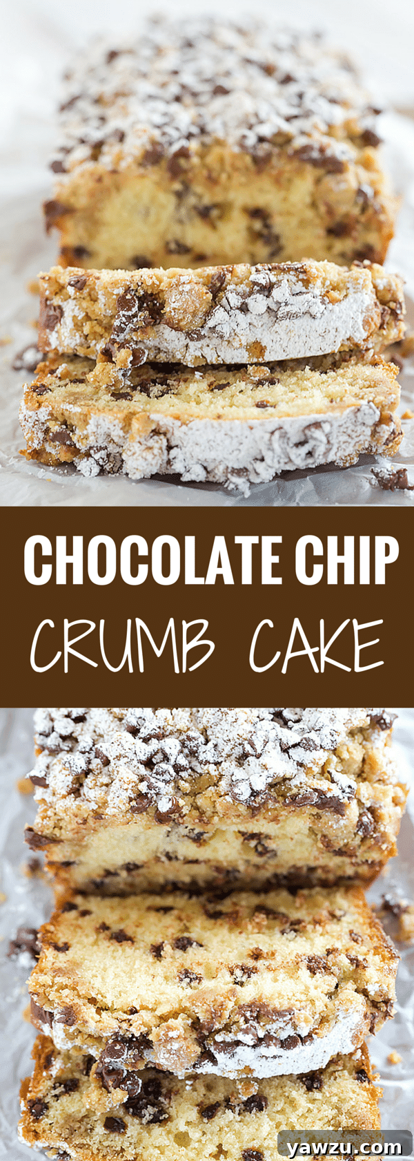 Deliciously tender chocolate chip crumb cake, topped with sweet streusel crumbs.