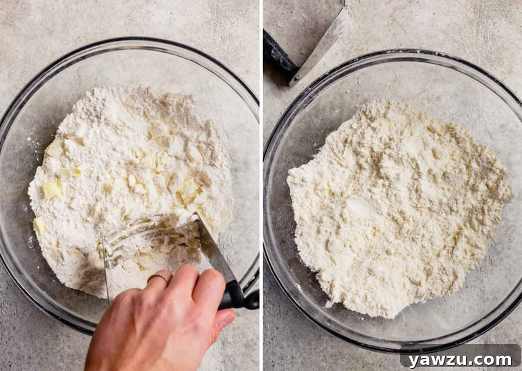 Side-by-side images illustrating the butter incorporation process. On the left, a hand skillfully uses a pastry blender to cut cold butter into the flour mixture. On the right, the result is a coarse, crumbly mixture in a mixing bowl, showcasing the ideal texture after the butter has been cut in.