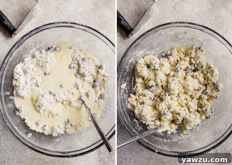 Side-by-side photos showcasing the wet ingredient incorporation. On the left, buttermilk is carefully added to a glass bowl with a spatula. On the right, the buttermilk has been mixed into the scone dough, forming a cohesive but slightly crumbly texture.
