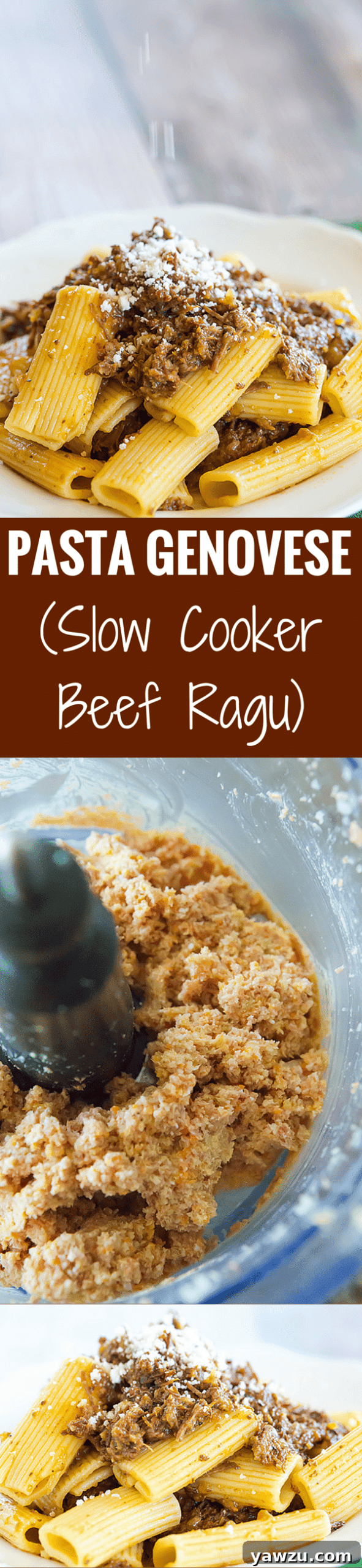 Hearty Slow Cooker Beef and Onion Ragu served with Rigatoni