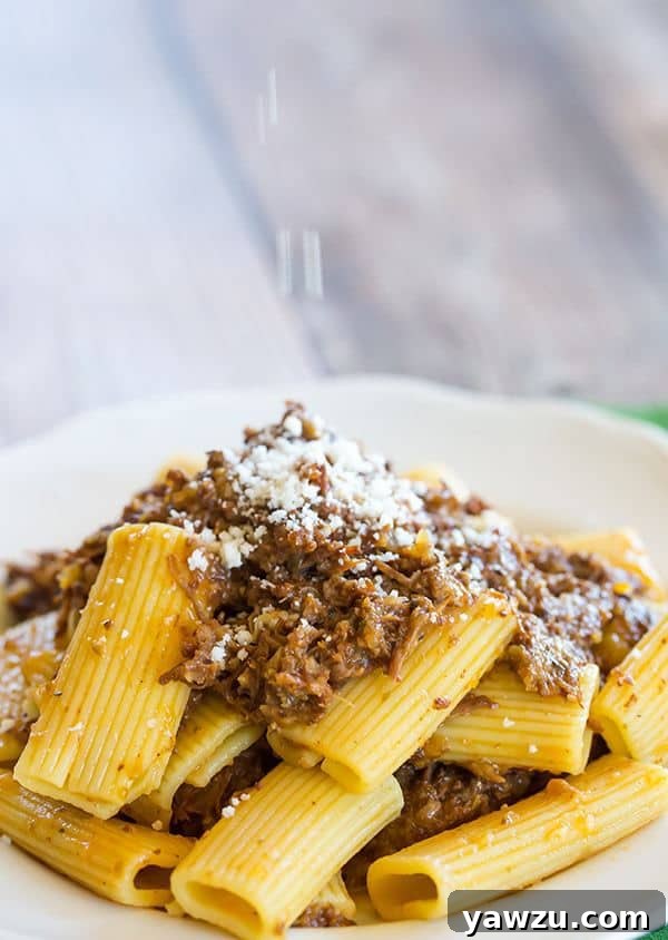 A large pot of slow-cooked beef and onion ragu, ready for pasta