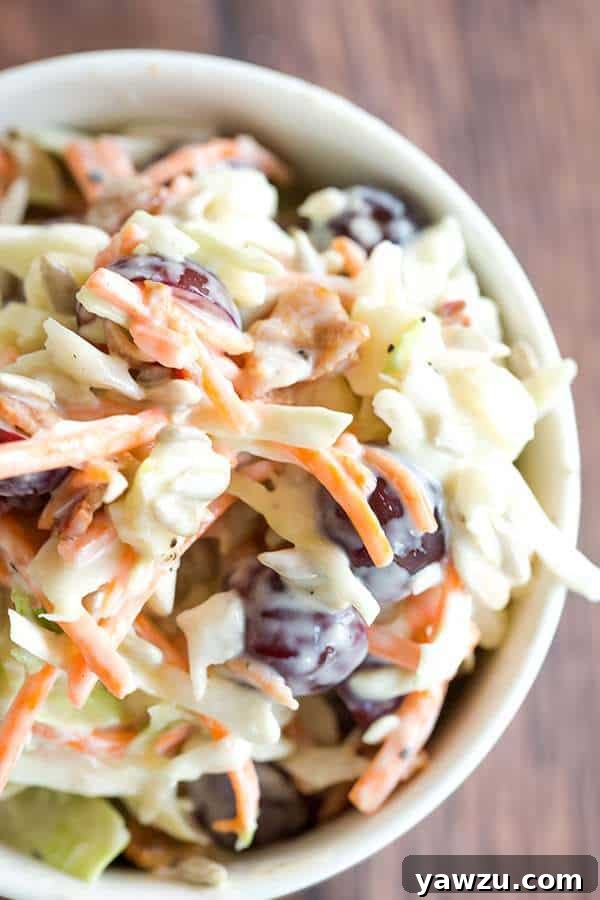 Serving bowl of loaded coleslaw, ready to be enjoyed, highlighting its fresh, colorful appearance.