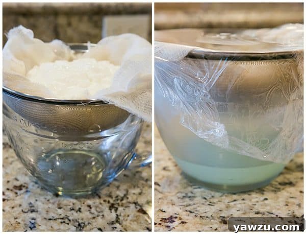 Yogurt being drained in a colander lined with cheesecloth over a bowl