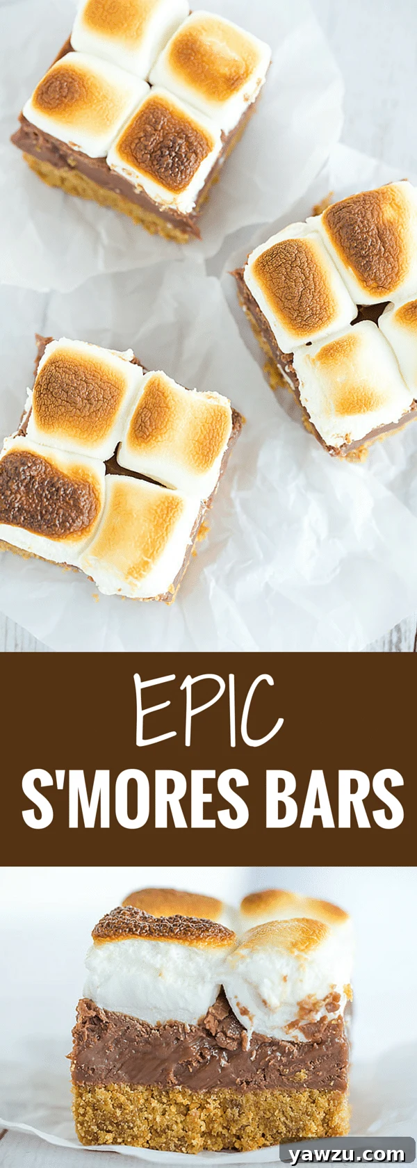 Delicious S'mores Bars with a thick graham crust, fudgy chocolate, and toasted marshmallows