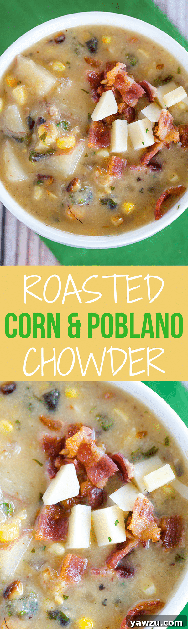Flavorful Roasted Corn and Poblano Chowder: A vibrant summer soup recipe with smoky corn and mild poblano peppers for a comforting yet light meal.