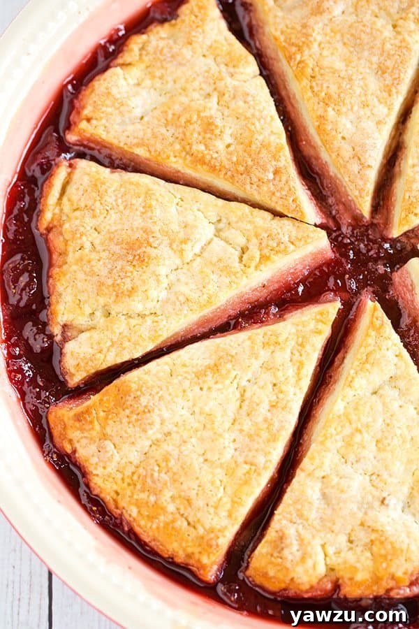 Golden-brown cobbler biscuits perfectly nestled atop vibrant strawberry jam in a pie dish, ready to be served warm.