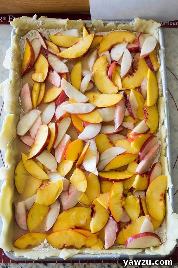 Nectarine Slab Pie - Homemade pie with a tender pastry crust and filled with both yellow and white nectarines. A summer must!