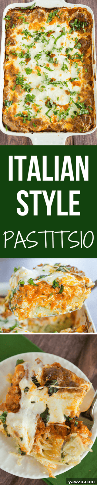 A glorious baked Italian-style pastitsio, featuring layers of spaghetti, savory meat sauce, creamy cheese, and bubbling mozzarella, garnished with fresh basil. Perfect for a hearty family meal or special gathering.