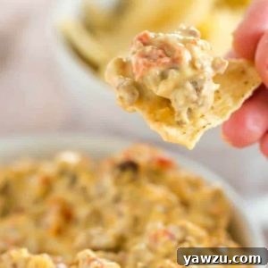 A small square image of the Game Day Dip in a bowl with tortilla chips.