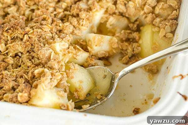 Ingredients for pear crisp laid out: sliced pears, oats, flour, brown sugar, cinnamon, and nutmeg