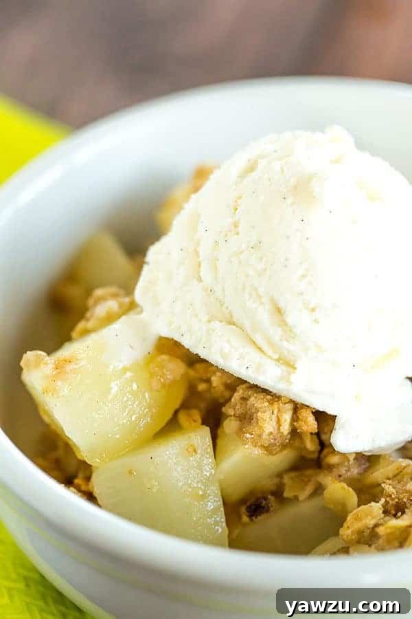 A scoop of vanilla ice cream melting gloriously over a warm serving of pear crisp in a bowl, ready to be enjoyed
