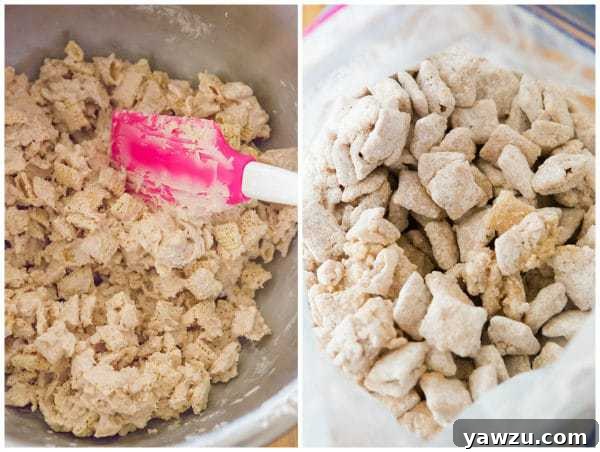 Snickerdoodle Muddy Buddies spread on parchment paper, cooling and setting into delicious clusters.