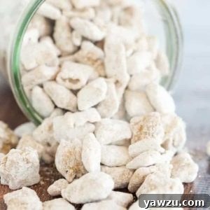 Snickerdoodle Muddy Buddies in a bowl with a sprinkle of cinnamon.