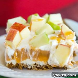 A slice of caramel apple pudding showing its delicious layers.