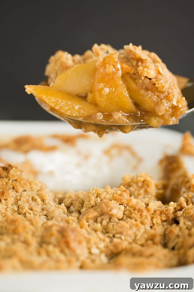 A spoonful of apple crisp being scooped out of the pan.