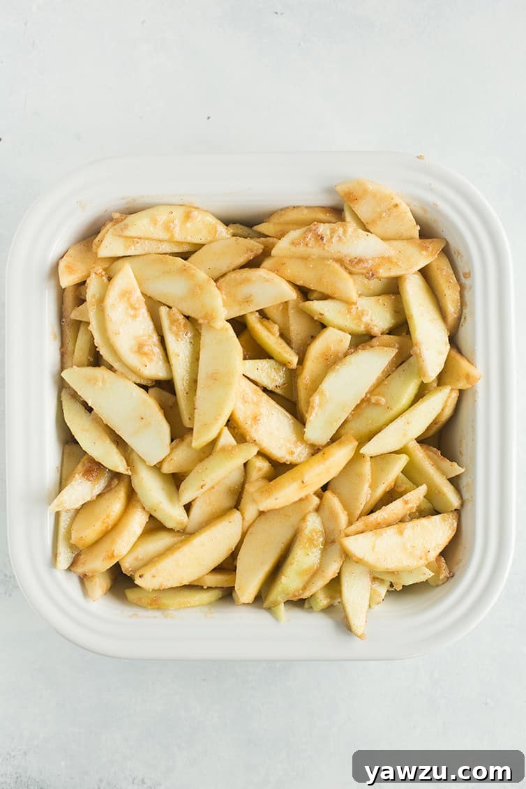 Apple crisp filling in the pan.