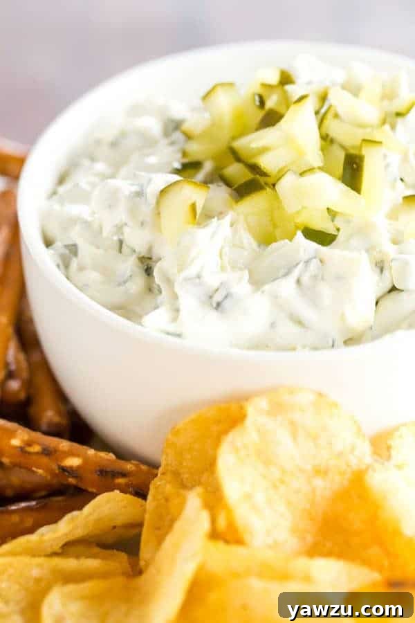 Delicious Dill Pickle Dip in a bowl, surrounded by various dippers and fresh dill sprigs for garnish.