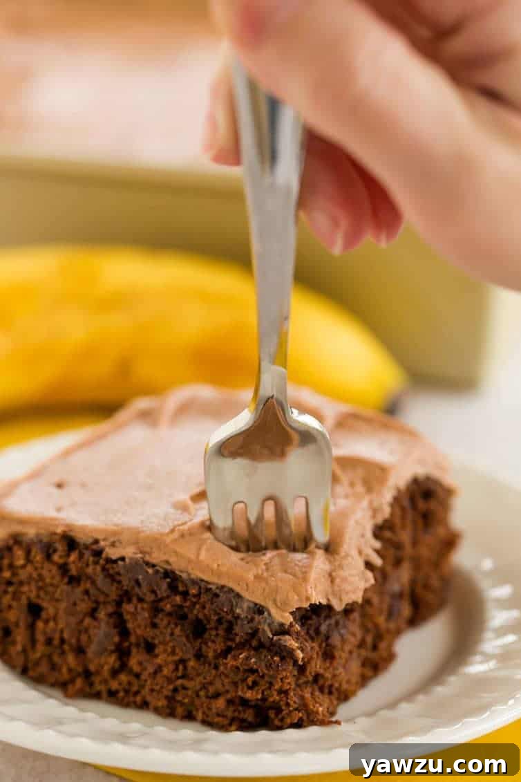 Close-up of a slice of Chocolate Banana Cake, showing its moist texture and generous layer of chocolate cream cheese frosting, highlighting the deep banana notes.