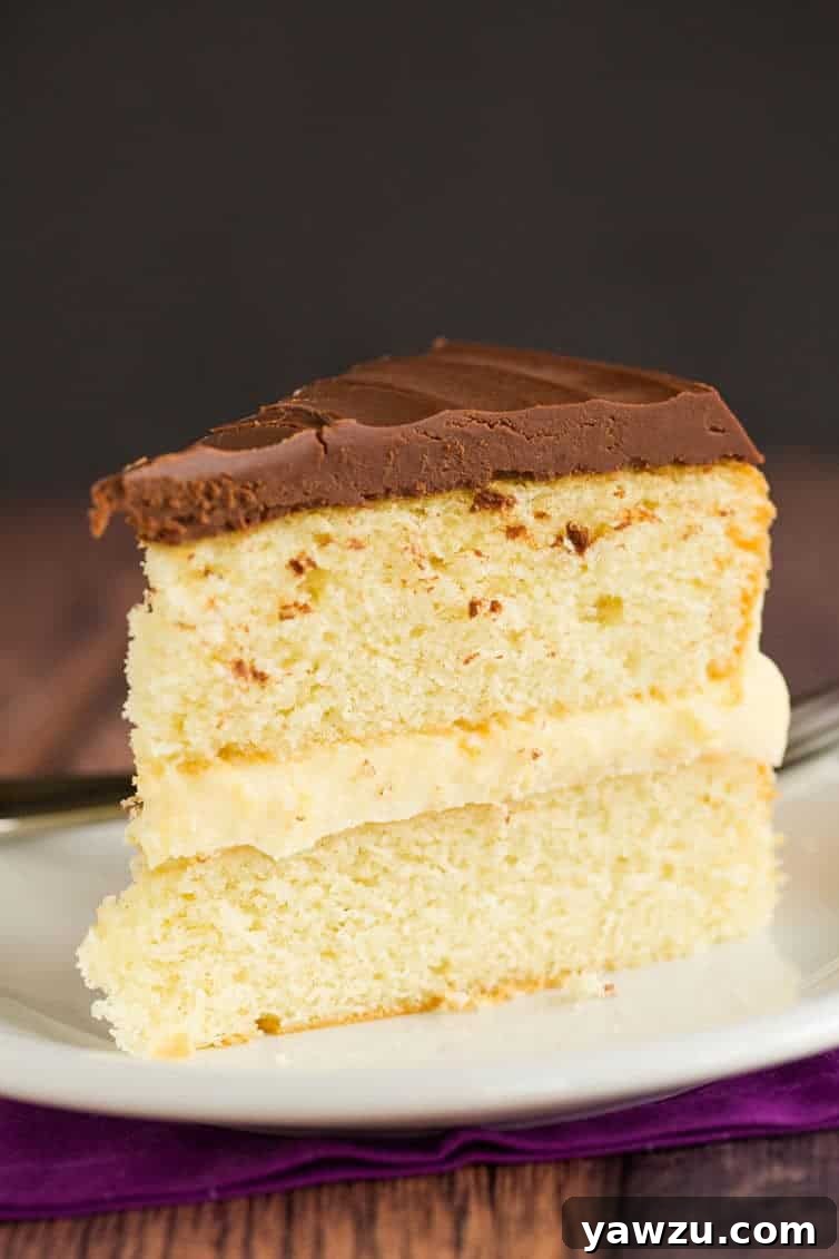 A close-up of a slice of Boston Cream Pie, revealing layers of moist vanilla cake, rich pastry cream, and thick chocolate ganache.