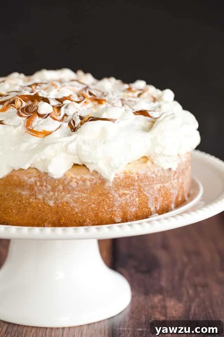 Caramel Tres Leches Cake topped with fresh whipped cream and dulce de leche swirls.