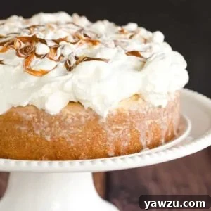 Caramel Tres Leches Cake topped with fresh whipped cream.