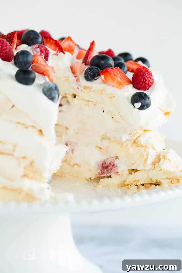 A slice of pavlova layer cake showing the internal structure of meringue, whipped cream, and berries.