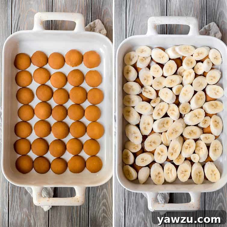 Side-by-side photos showing the initial layers of vanilla wafers and evenly sliced bananas neatly arranged in a baking dish, forming the delectable base of the Southern banana pudding.