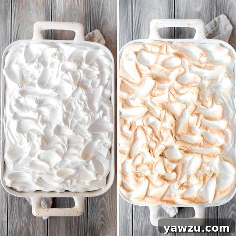 Side-by-side photos of Southern banana pudding before and after baking, showcasing the dramatic transformation of the meringue topping from pristine white peaks to a beautifully puffed, golden-brown, and perfectly toasted finish.