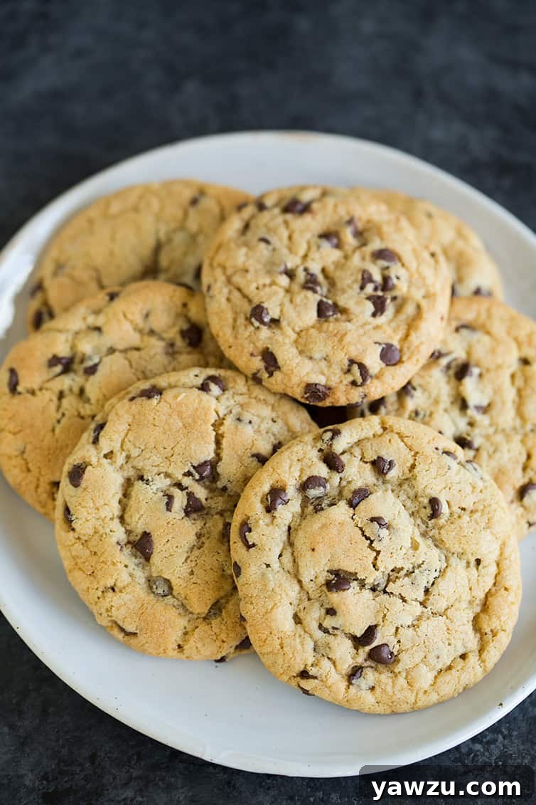 A big plate of soft and chewy chocolate chip cookies.