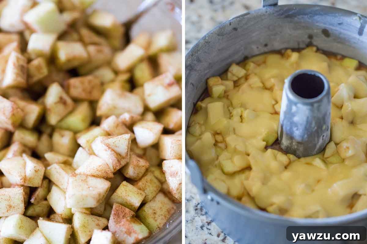 Two side-by-side images: one shows chopped apples coated in cinnamon sugar, and the other depicts layers of cake batter and apples in a tube pan before baking.