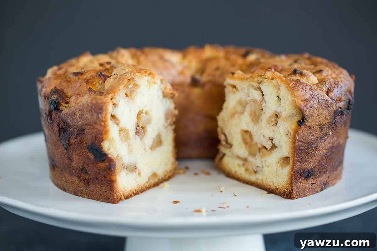 A Jewish apple cake on a white cake platter, with a few middle slices removed, showcasing its interior.