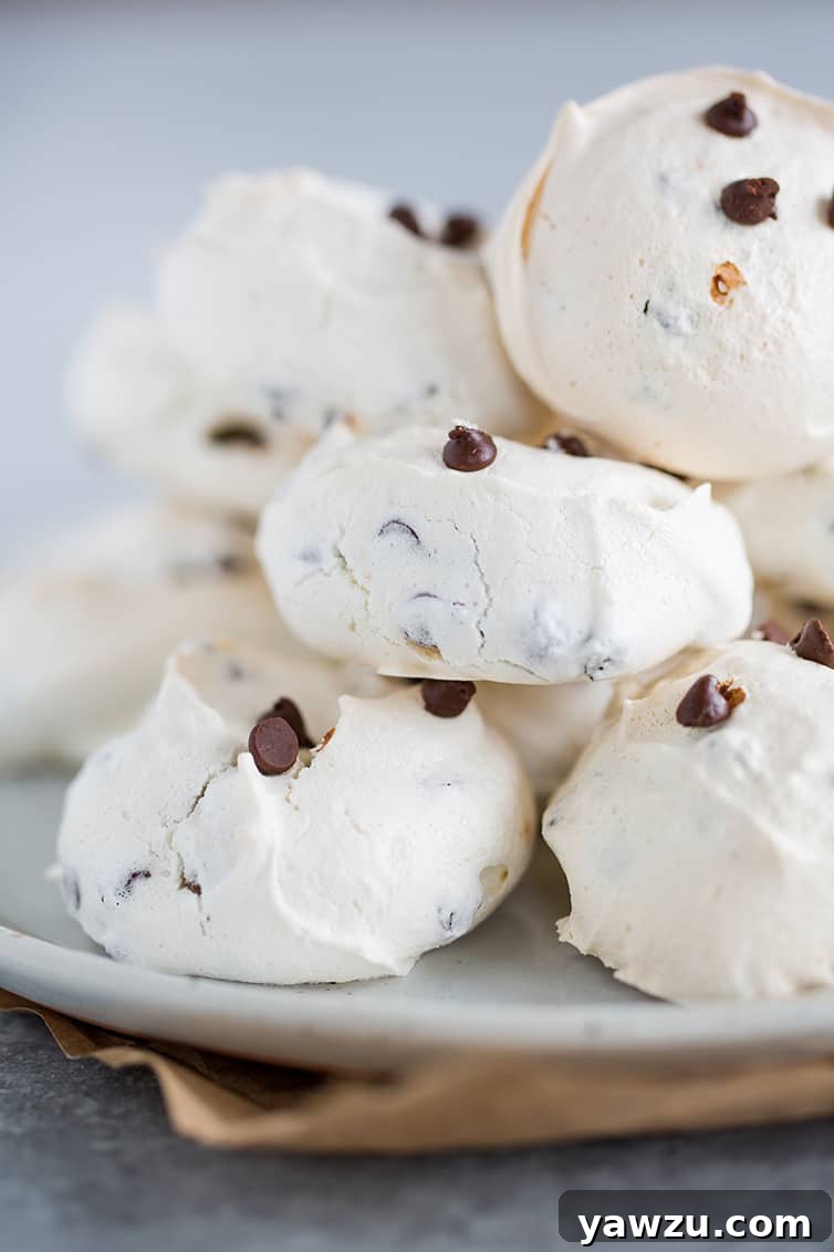 A charming plate overflowing with freshly baked Chocolate Chip Meringue Cookies, ready to be enjoyed.
