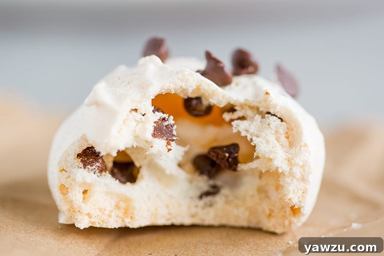 A single chocolate chip meringue cookie with a large bite missing, revealing its ethereal, crisp texture.