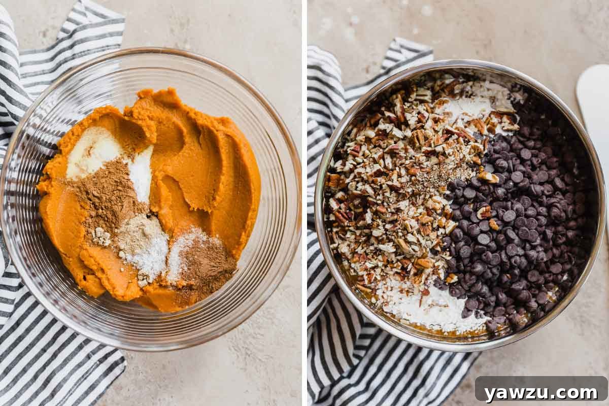 Two side-by-side photos: first, a bowl with pumpkin puree and spices; second, chocolate chips and pecans added on top of the pumpkin mixture.