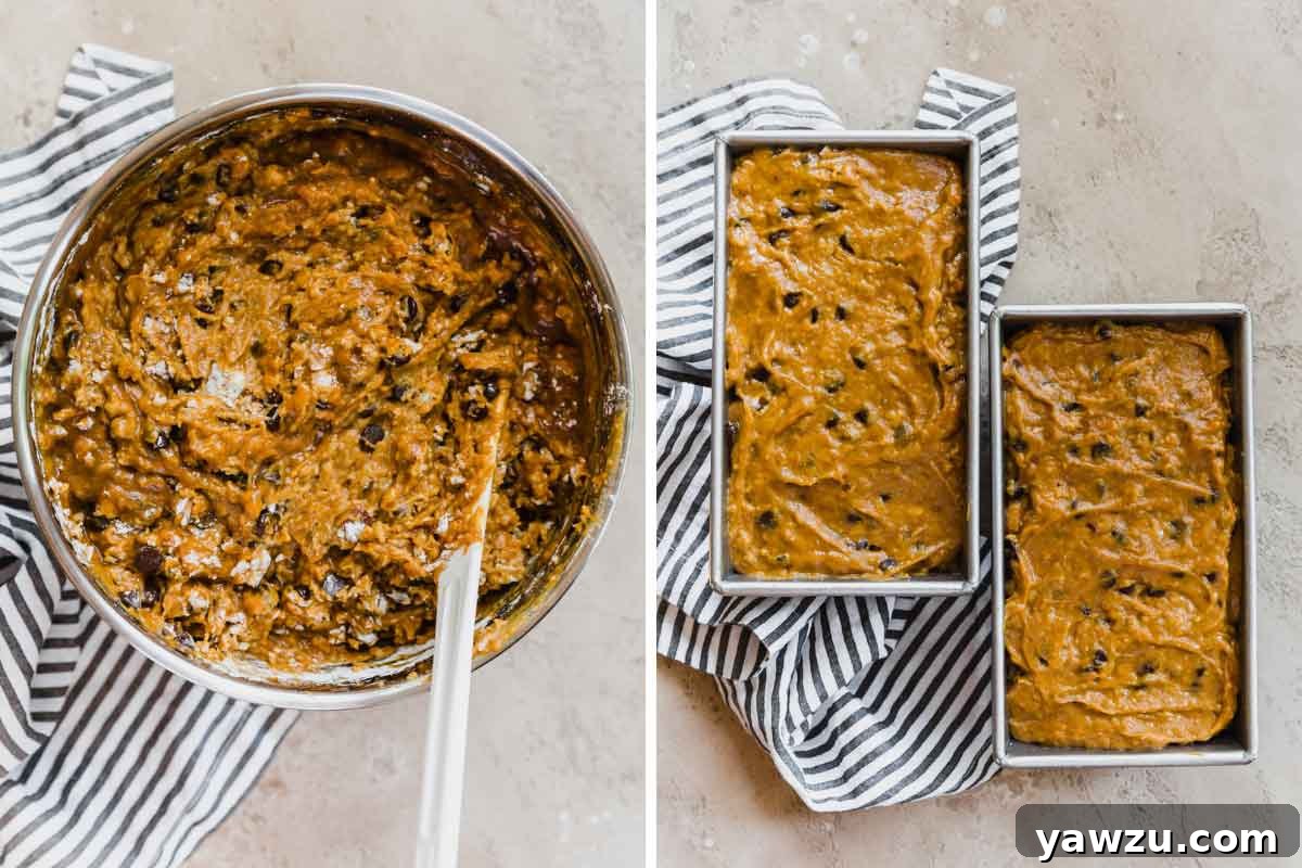 Two side-by-side photos: first, a bowl of pumpkin bread batter ready for baking; second, the batter divided into two loaf pans, ready to go into the oven.