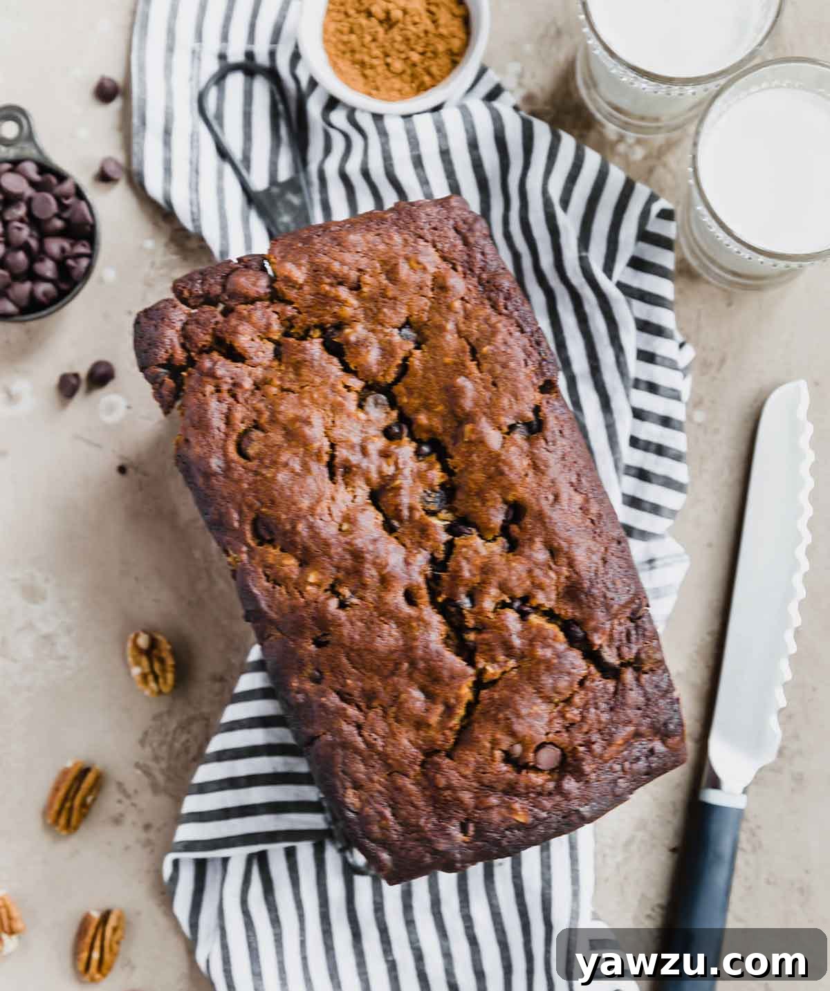 Overhead close-up photo of a beautifully baked loaf of pumpkin bread with chocolate chips, showcasing its golden crust and delicious texture.