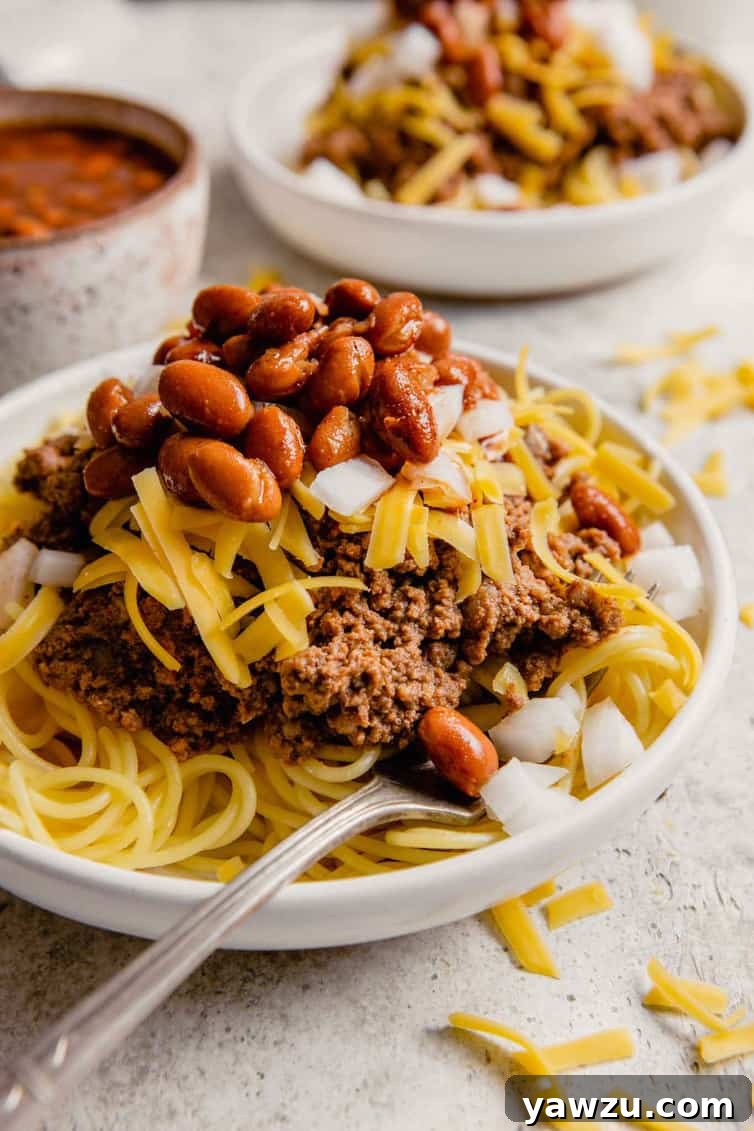 A plate of spaghetti topped with Cincinnati chili, shredded cheese, onion, and beans. This hearty dish is a comfort food classic.